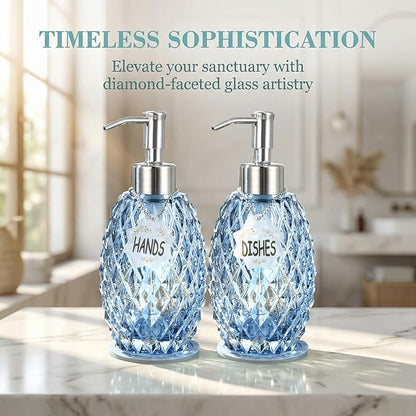 MALACHI Soap Dispenser Set, Crystal-Textured Diamond Glass with Rustproof Stainless Steel Pump, Dual-Labelled Hand & Dish Soap Dispenser for Kitchen & Bathroom