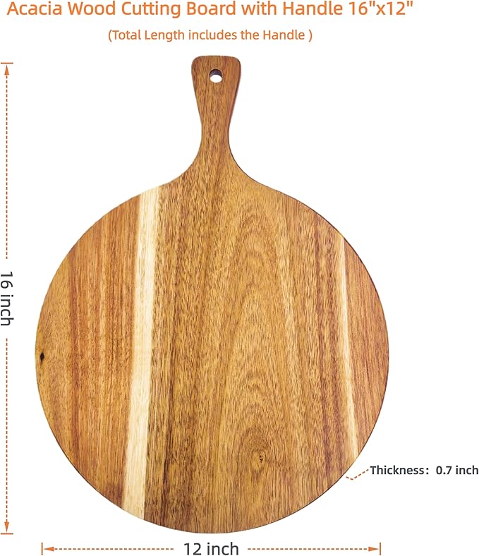 ZeQi Round Acacia Wood Cutting Board with Handle 16''x12'' /Charcuterie Board/Pizza Board/Serving Board for Cheese, Bread, Vegetables & Fruits (Round) - Image 4