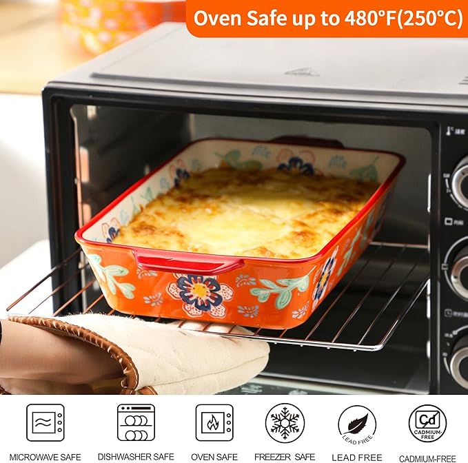 Ceramic Baking Dish Set of 2, 3QT & 1.2QT Stoneware Casserole Dishes for Oven, Rectangular Bakeware with Handles, Oven Safe 480°F, Microwave Dishwasher Safe, Lasagna & Brownie Pan – Warm Orange