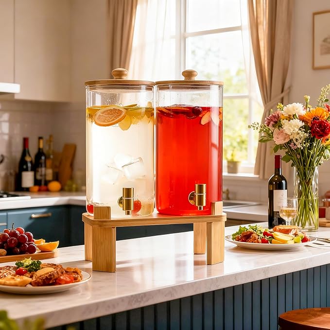 1.5 Gallon 2 Pack Glass Drink dispenser for parties,Beverage Dispenser With Wood Stand,Water Dispensers with spigot,lemonade dispenser,juice containers & water pitcher with lid - Image 2