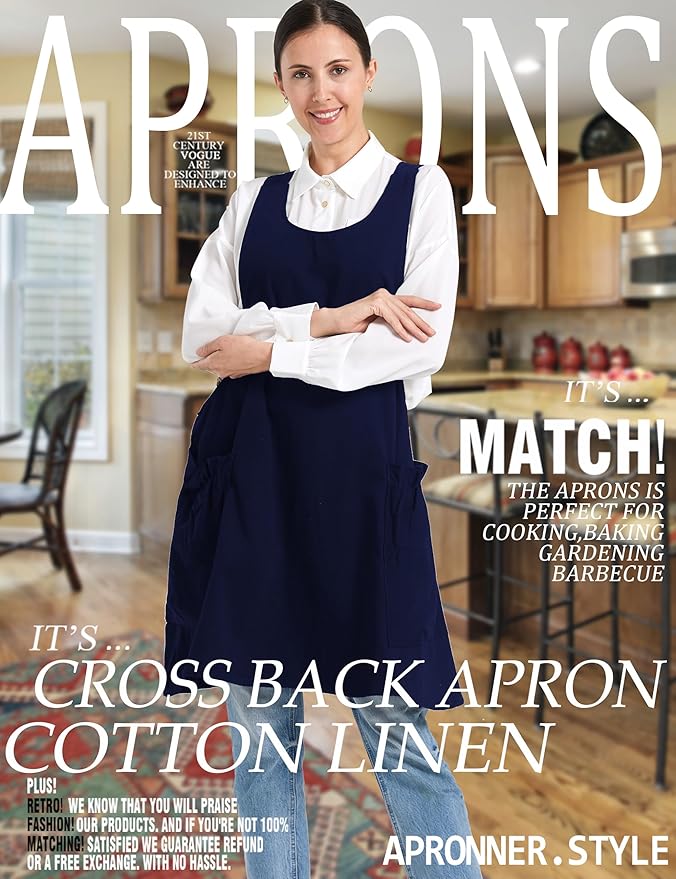 Cozy Adjustable Cross Back Aprons for Women with Pockets Cotton Linen Cooking Kitchen Baking