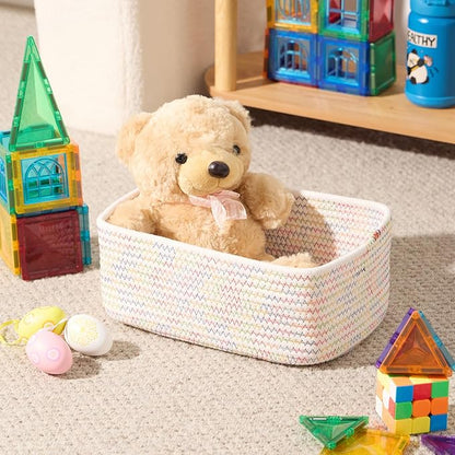 MiniArk Small Storage Baskets for Organizing | Closet Organizer Bins | Shelf Toy Basket | Woven Rope Baskets | Cube Decorative Box | Shallow Basket | 11.5x7.5x4.7” | 4 Packs Rainbow