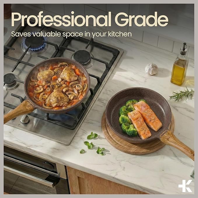 Bakken Master 20 Piece Cookware Set - Pots and Pans with Handle Grips and Tempered Glass Lids, With 6-piece Bakeware Set, Nonstick Granite Coating, Ceramic Max Temperature (Up To 500°F), Brown Marble - Image 7