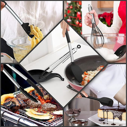 Silicone Kitchen Utensils Set, E-far 30-Piece Cooking Utensils Set with Holder, Heat Resistant Kitchen Spatulas Turner Tong Spoon Whisk Ladle for Nonstick Cookware, Stainless Steel Handle (Black) - Image 4