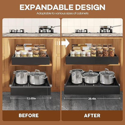 Seinloes 2Pack Expandable Pull Out Cabinet Organizer 21"Deep with Raising Pad for Framed Cabinets, Upgrade 3 Slide Rails Slide Out Drawers, Roll Out Shelves Adhesive,Adjustable Width 12.05"-20.4"Black - Image 4