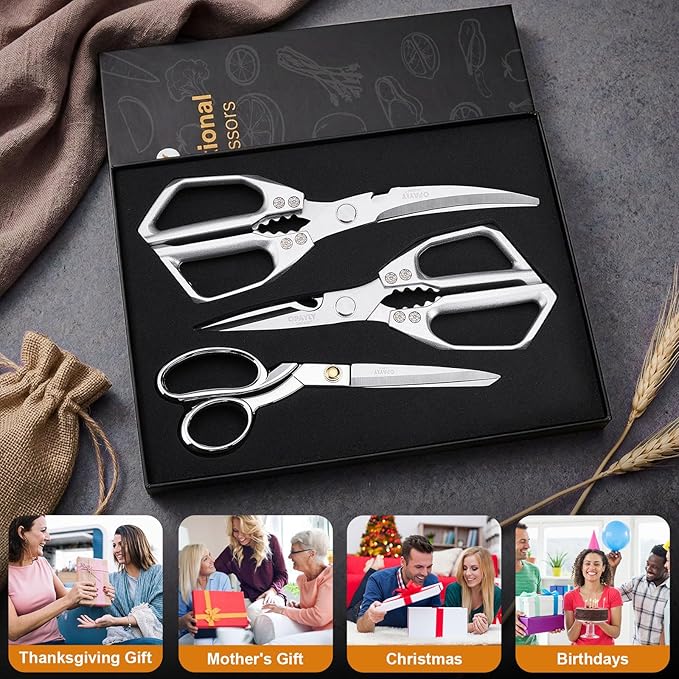 3PCS Heavy Duty Kitchen Scissors Set All Purpose - Stainless Steel Scissors Meat Scissors Dishwasher Safe Japanese Cooking Scissor for Food Paired with household tailor shears Gifts for Men Women - Image 2