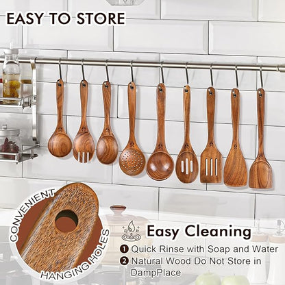 12 Pcs Teak Wooden Utensil Set with Holder & Spoon Rest, Wooden Spoons for Cooking with Comfort Grip, Wooden Cooking Utensils Set for Nonstick Cookware, Lightweight & Heat Resistant Kitchen Utensils - Image 8