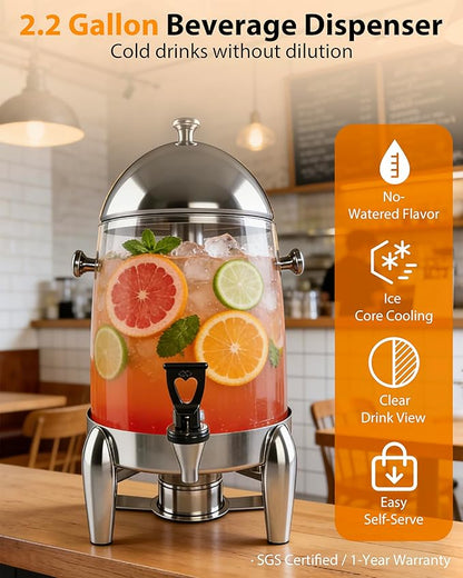Beverage Dispenser with Stand, 3 Gallon Drink Dispenser for Parties,Events,Buffet &Self-Serve,Dual Ice Tube Core Fruit Infuser,Leakproof Spigot,Clear PC Container, Stainless Steel Lid&Base - Image 2