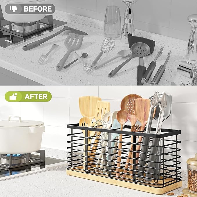 Kitchen Cooking Utensil Holder for Kitchen Counter,4 Large Black Compartments with Wooden Base utensil caddy,Rustic Style Utensil Utensil Organizer for Farmhouse Kitchen Countertop