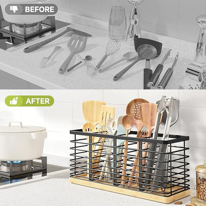 Kitchen Cooking Utensil Holder for Kitchen Counter,4 Large Black Compartments with Wooden Base utensil caddy,Rustic Style Utensil Utensil Organizer for Farmhouse Kitchen Countertop