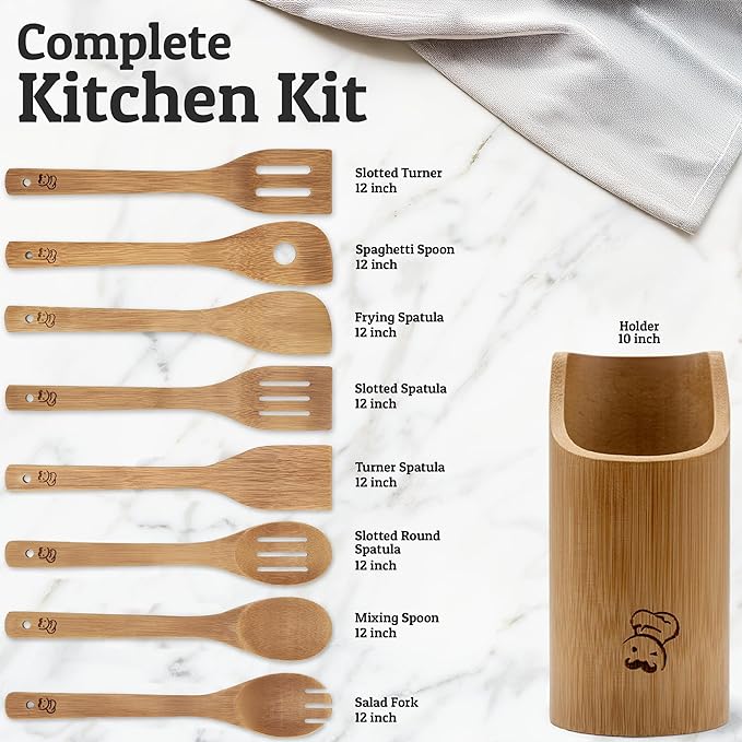 PriorityChef Wooden Spoons for Cooking, 8Pc with Utensil Holder, Non Scratch Bamboo Cooking Utensils, Non-Toxic Wooden Utensil Set, Easy to Clean Kitchen Utensils Set for All Cookware Types - Image 3