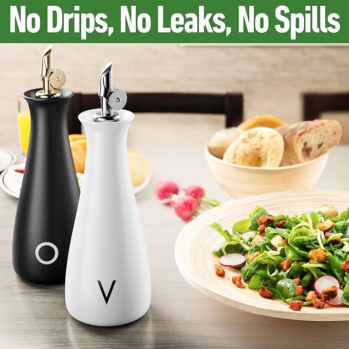 Oil and Vinegar Dispenser Set with Self-Closing Stainless Steel Spouts - 530 ML Capacity Matte Ceramic Leak Proof EVOO & Vinegar Dispensing Bottle Set of 2 - Olive Oil and Vinegar Dispenser Bottle Set - Image 4