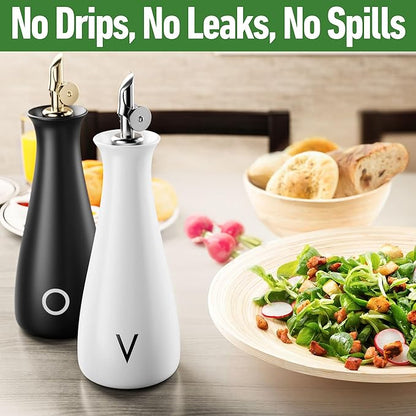 Oil and Vinegar Dispenser Set with Self-Closing Stainless Steel Spouts - 530 ML Capacity Matte Ceramic Leak Proof EVOO & Vinegar Dispensing Bottle Set of 2 - Olive Oil and Vinegar Dispenser Bottle Set - Image 4