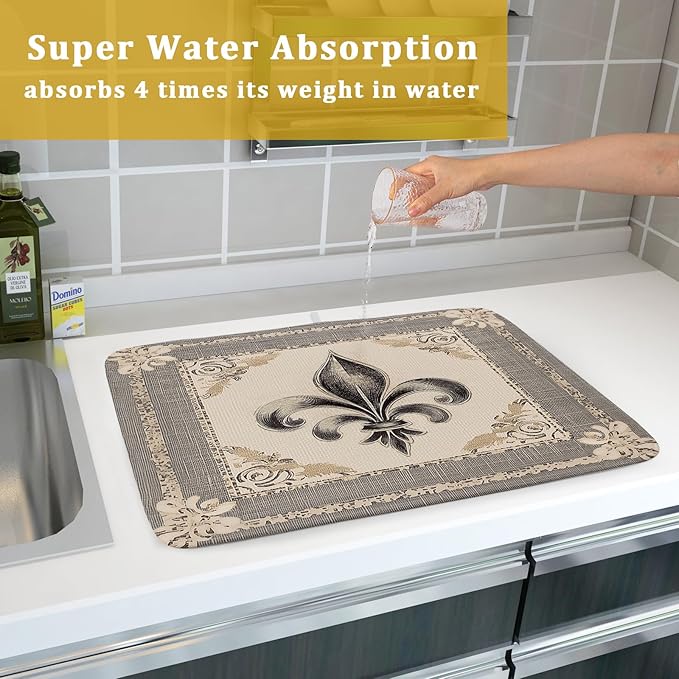 Giwawa Mardi Gras Dish Drying Mat for Kitchen Vintage Fleur De Lis Print Dish Drainer Mats 18x24inch Country Style Dish Drying Rack Pad Protector for Countertop Dining Holiday Decor