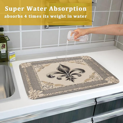 Giwawa Mardi Gras Dish Drying Mat for Kitchen Vintage Fleur De Lis Print Dish Drainer Mats 18x24inch Country Style Dish Drying Rack Pad Protector for Countertop Dining Holiday Decor