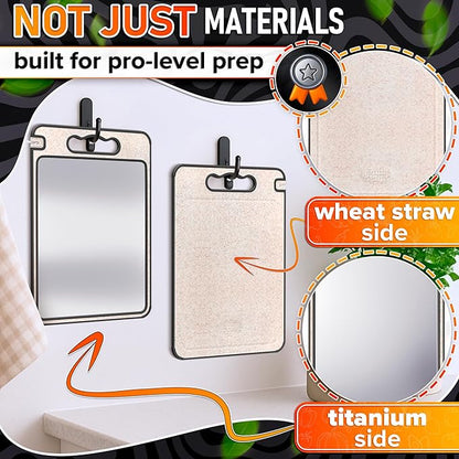 Double Sided Metal Cutting Board Titanium 14.3"x9.8" - GR1 Titanium Cutting Board with Sharpener for Knife for Meat & Wheat Straw + PP for Fruits - Non-slip, Built-in Garlic Grater & Juice Grooves