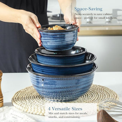 Hasense Mixing Bowls Set, Porcelain Large Salad Bowls for Cooking, Baking, Prepping, Serving, Blue Nesting Dishes for Housewarming Gift, Microwave Dishwasher Safe, 2.8/2.1/1.0/0.5 Qt