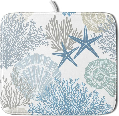 Nautical Dish Drying Mat for Kitchen Counter Coastal Seashell Starfish Summer Microfiber Absorbent Dish Draining Reusable Washable Foldable 16"x18" by Unknown