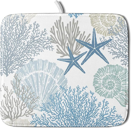 Nautical Dish Drying Mat for Kitchen Counter Coastal Seashell Starfish Summer Microfiber Absorbent Dish Draining Reusable Washable Foldable 16"x18" by Unknown