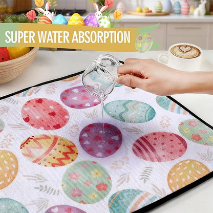 Breling Easter Dish Drying Mat for Kitchen 16 x 18 Inch Pastel Eggs Microfiber Absorbent Drying Reusable Washable Pad Easter Table Dishes Pad Protection Tableware Kitchen Accessories