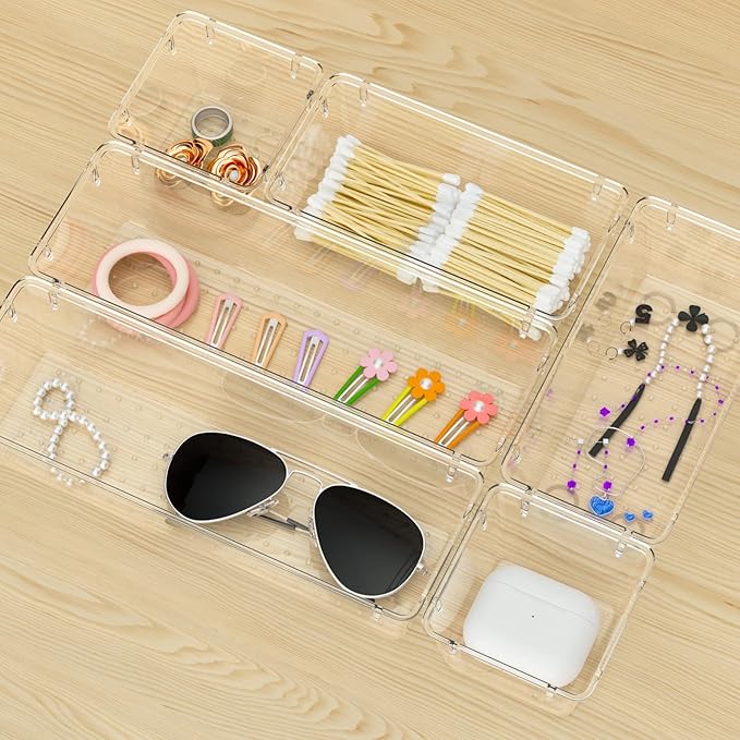 WOWBOX 9 Pack Clear Drawer Organizer Set, Acrylic Drawer Storage Trays, Storage Bins for Makeup, Cosmetics, Jewelries, Utensils, Gadgets, Office - Image 7