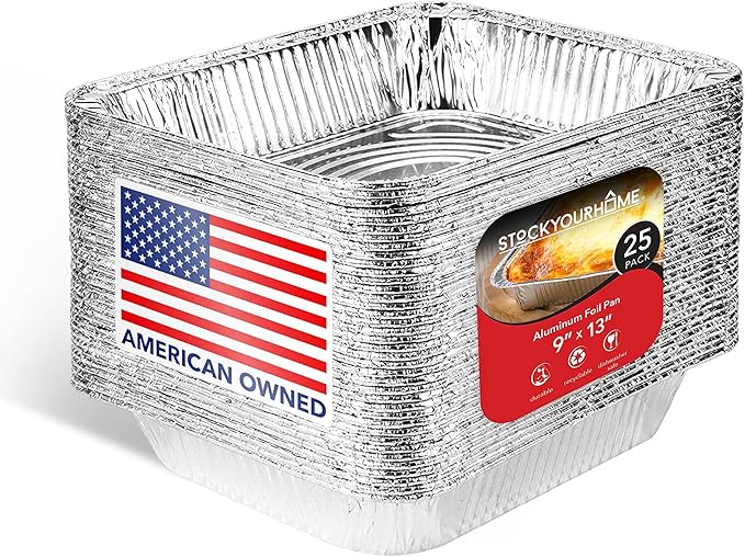 Stock Your Home Aluminum 9x13 Disposable Foil (25 Pack) – Half Size Deep Steam Table for Cooking, Heating, Storing, Prepping Food by StockYourHome
