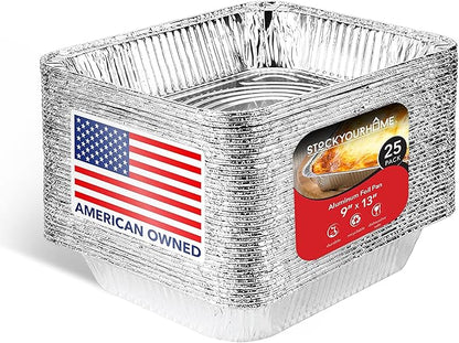 Stock Your Home Aluminum 9x13 Disposable Foil (25 Pack) – Half Size Deep Steam Table for Cooking, Heating, Storing, Prepping Food by StockYourHome