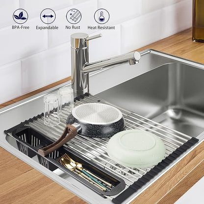 Roll Up Dish Drying Rack,Expandable Over The Sink Dish Drainer,Stainless Steel Kitchen Rolling Sink Rack with Utensil Holder,Length Up to 22.3" (Black, Large)