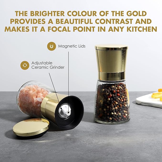 vzaahu Golden Salt and Pepper Grinders with Funnel, Brush - Adjustable Coarseness Shiny Gold Cap Seasalt Peppermill Set Refillable with Magnetic Lid, for Modern, Kitchen Decoration Gift - Image 4