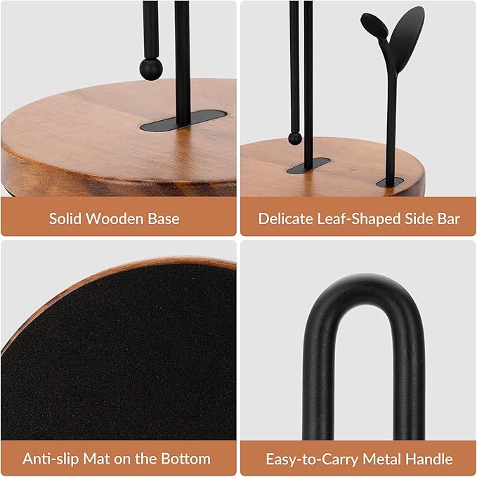 Wood Paper Towel Holder Countertop, Leaf-Shaped Accent Iron Rods with Anti Slip Weighted Base, Easy Tear Farmhouse Kitchen Towel Holder for Dining Table