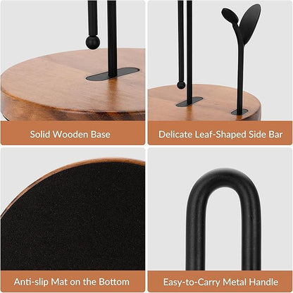 Wood Paper Towel Holder Countertop, Leaf-Shaped Accent Iron Rods with Anti Slip Weighted Base, Easy Tear Farmhouse Kitchen Towel Holder for Dining Table