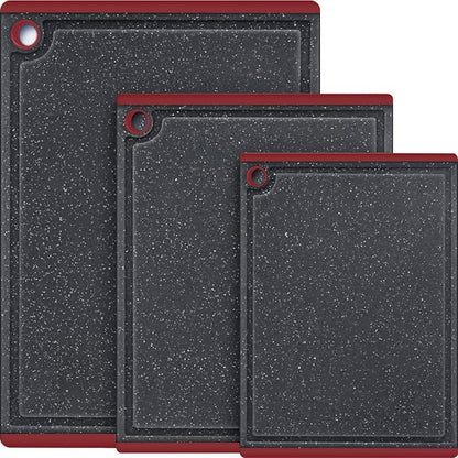 Kikcoin Plastic Cutting Boards for Kitchen, 3-Piece Large Cutting Board Set Dishwasher Safe Chopping Boards with Non-slip Feet and Juice Grooves, Red by Kikcoin