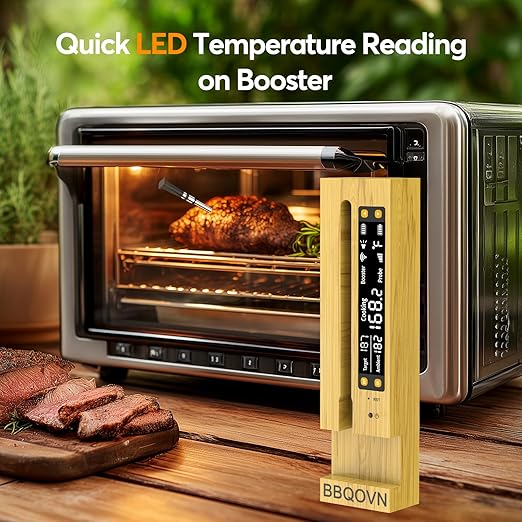 BBQOVN WiFi Sub-1G Wireless Meat Thermometer Unlimited Range 7 NIST Certified Sensors with Ambient Temp 2 Temp Monitoring Ways Digital Smart Base and App for BBQ, Smoker, Grill, Oven (Single Probe)