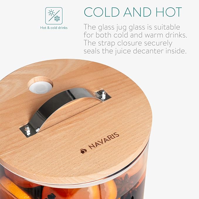 Navaris Beverage Dispenser with Stand - 1.3 Gallon (5L) Glass Drink Dispenser with Stainless Steel Spigot - Drinks Water Parties - Natural Beech Wood