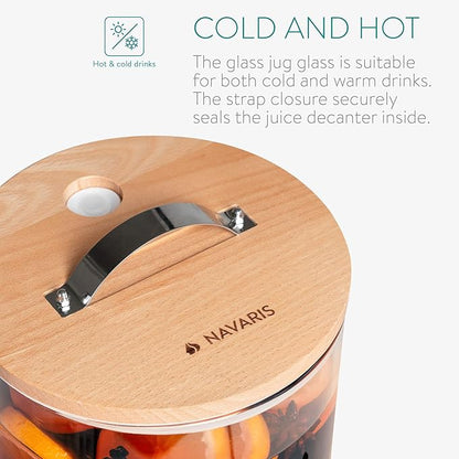 Navaris Beverage Dispenser with Stand - 1.3 Gallon (5L) Glass Drink Dispenser with Stainless Steel Spigot - Drinks Water Parties - Natural Beech Wood