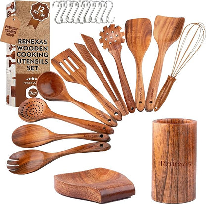 12-Piece Teak Wooden Kitchen Utensil Set – Nonstick Safe Cooking Spoons & Spatulas, Heat Resistant, Durable Natural Wood, Comfortable Grip Handles