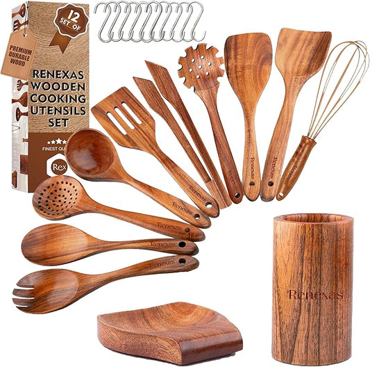 12-Piece Teak Wooden Kitchen Utensil Set – Nonstick Safe Cooking Spoons & Spatulas, Heat Resistant, Durable Natural Wood, Comfortable Grip Handles