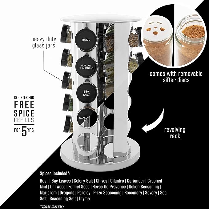 Kamenstein 20 Jar Revolving Countertop Spice Rack with Spices Included, FREE Spice Refills for 5 Years, Polished Stainless Steel with Black Caps, 30020 - Image 3
