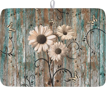 Dish Drying Mat for Kitchen Counter 18 x 24 Inch Rustic Vintage Daisy Floral Dish Drainer Mat Absorbent Microfiber Farmhouse Flowers Wooden Board Dish Rack Pad for Coffee Dining Bar Decor