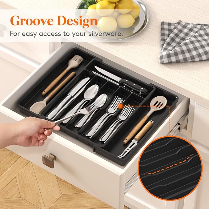 Lifewit Silverware Drawer Organizer, Expandable Utensil Tray for Kitchen, BPA Free Flatware and Cutlery Holder, Adjustable Plastic Storage for Spoons Forks Knives, 11-18 x 14", Black - Image 9