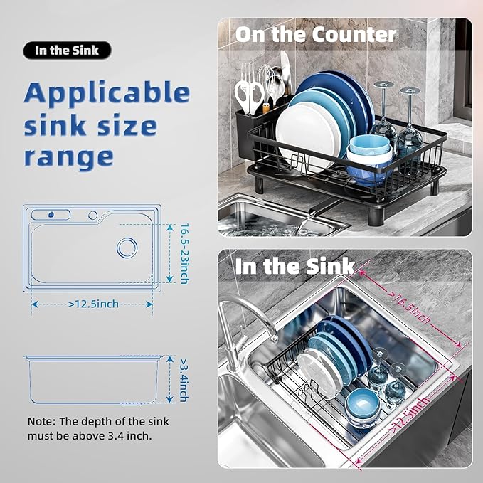 GAOKASE Dish Drying Rack, Stainless Steel-Dish Rack, Dish Racks for Kitchen Counter, Kitchen Dish Drainers with Removable Utensil Holder,New Drain Outlet,Plate Rack and Drainboard,Black - Image 2