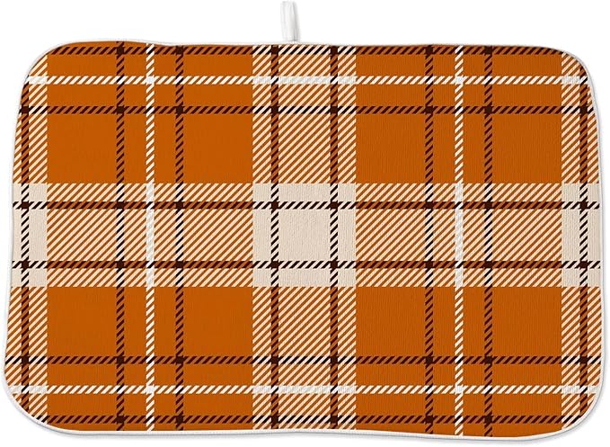 Fall Dish Drying Mat 18 x 24 inch Autumn Orange Buffalo Plaid Themed Decorative Drying Mats Microfiber Absorbent Dish Washable Draining Mat for Kitchen Counter Decor