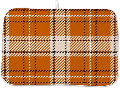 Fall Dish Drying Mat 18 x 24 inch Autumn Orange Buffalo Plaid Themed Decorative Drying Mats Microfiber Absorbent Dish Washable Draining Mat for Kitchen Counter Decor
