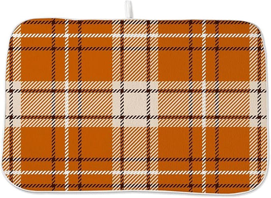Fall Dish Drying Mat 18 x 24 inch Autumn Orange Buffalo Plaid Themed Decorative Drying Mats Microfiber Absorbent Dish Washable Draining Mat for Kitchen Counter Decor