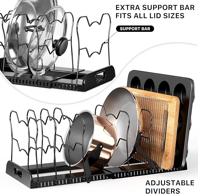 Simple Houseware Expandable Pan Organizer Rack, 10 Adjustable Compartments, Black - Kitchen Cabinet Organizer for Pots, Pans, Lids & Bakeware - Pantry & Countertop Storage - Image 4