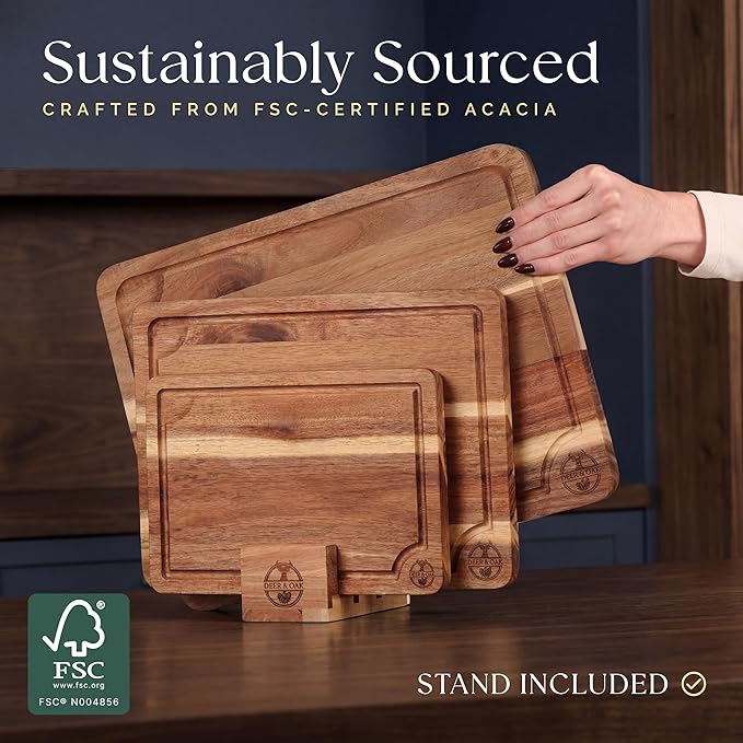 Pre-Oiled, Non Toxic 3-Piece Acacia Cutting Board Set with Stand, FSC Certified Wooden Chopping Boards, Includes 3.4 fl oz Chopping Board Oil, 3 Wood Carving Boards for Home, BBQ Kitchen, Deer & Oak - Image 4