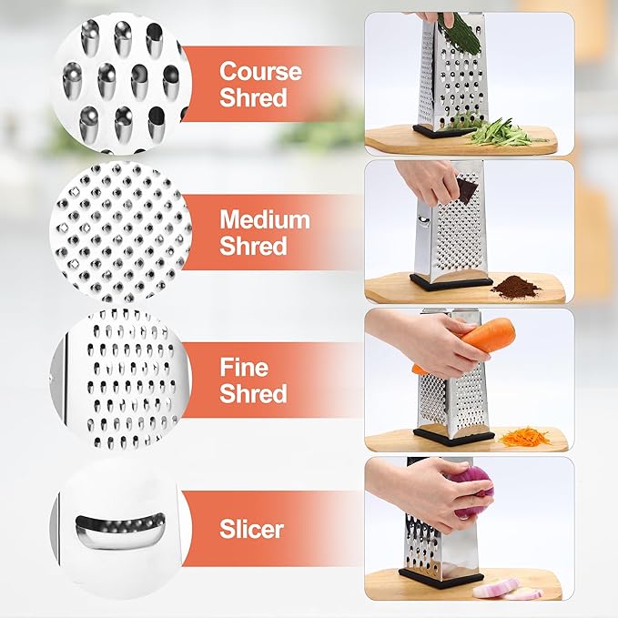 Supercenter Cheese Grater, Size 4-Sided Stainless Steel Box Grater, Food Shredder for Cheese, Parmesan, Vegetable, Dishwasher Safe, Black - Image 3