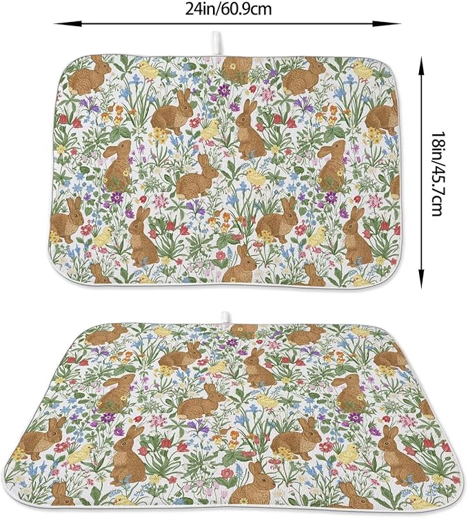 Spring Easter Dish Drying Mat 18 x 24 inch Vintage Rabbit Bunny Decorative Drying Mats Microfiber Absorbent Floral Dish Washable Draining Mat for Kitchen Counter Decor