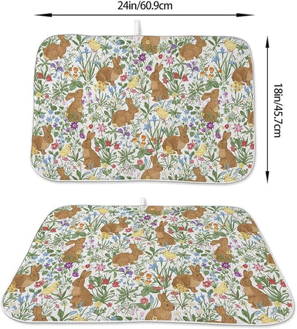 Spring Easter Dish Drying Mat 18 x 24 inch Vintage Rabbit Bunny Decorative Drying Mats Microfiber Absorbent Floral Dish Washable Draining Mat for Kitchen Counter Decor