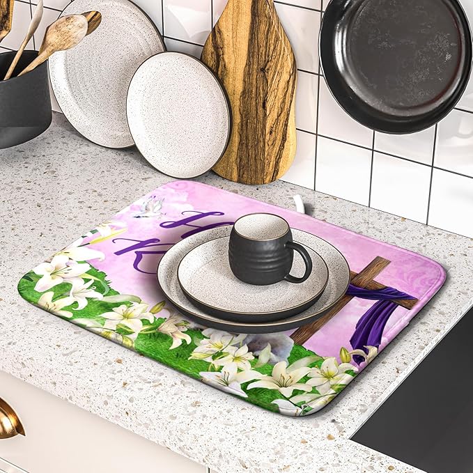Giwawa Easter Purple Dish Drying Mat, He is Risen Cross Lamb Floral Dish Drainer Mats, Spring Lily Flowers Reversible Dish Drying Rack Pad Protector for Kitchen Countertop Decor, 16"x18"
